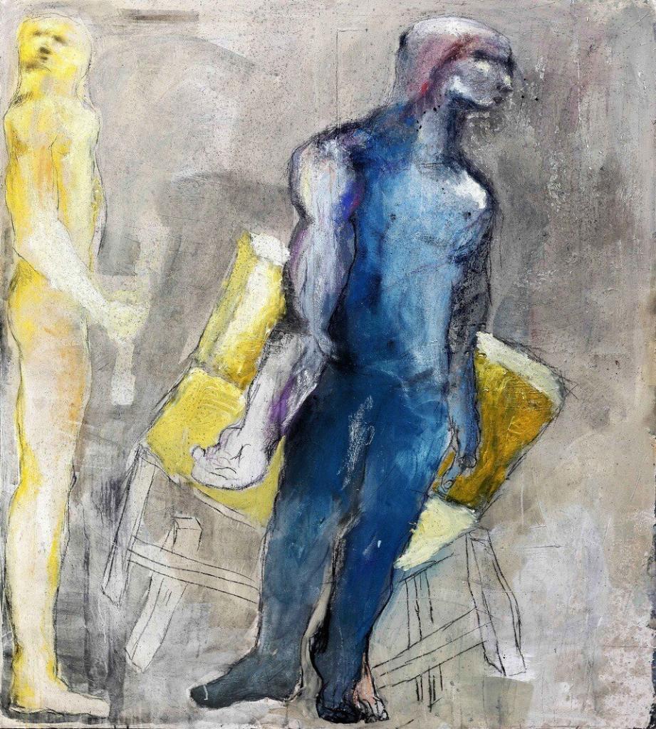 Sadikou Oukpedjo, Chaise jaune, homme bleu, 2019.
Mixed technique on canvas. 203cmx183cm
Courtesy Sadikou Oukpedjo & Cécile Fakhoury gallery