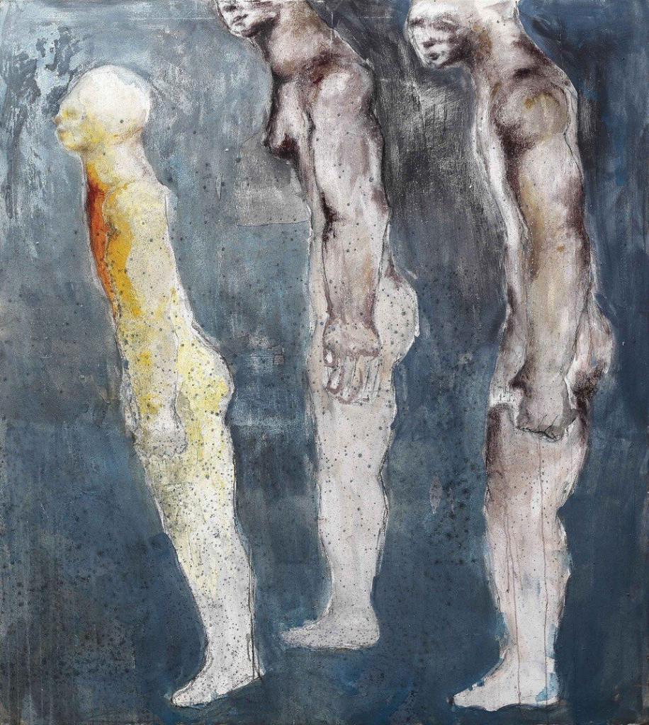 Sadikou Oukpedjo, Trois hommes, 2019.
Mixed technique on canvas. 203 x183 cm
© Courtesy Sadikou Oukpedjo &  Cécile Fakhoury Gallery