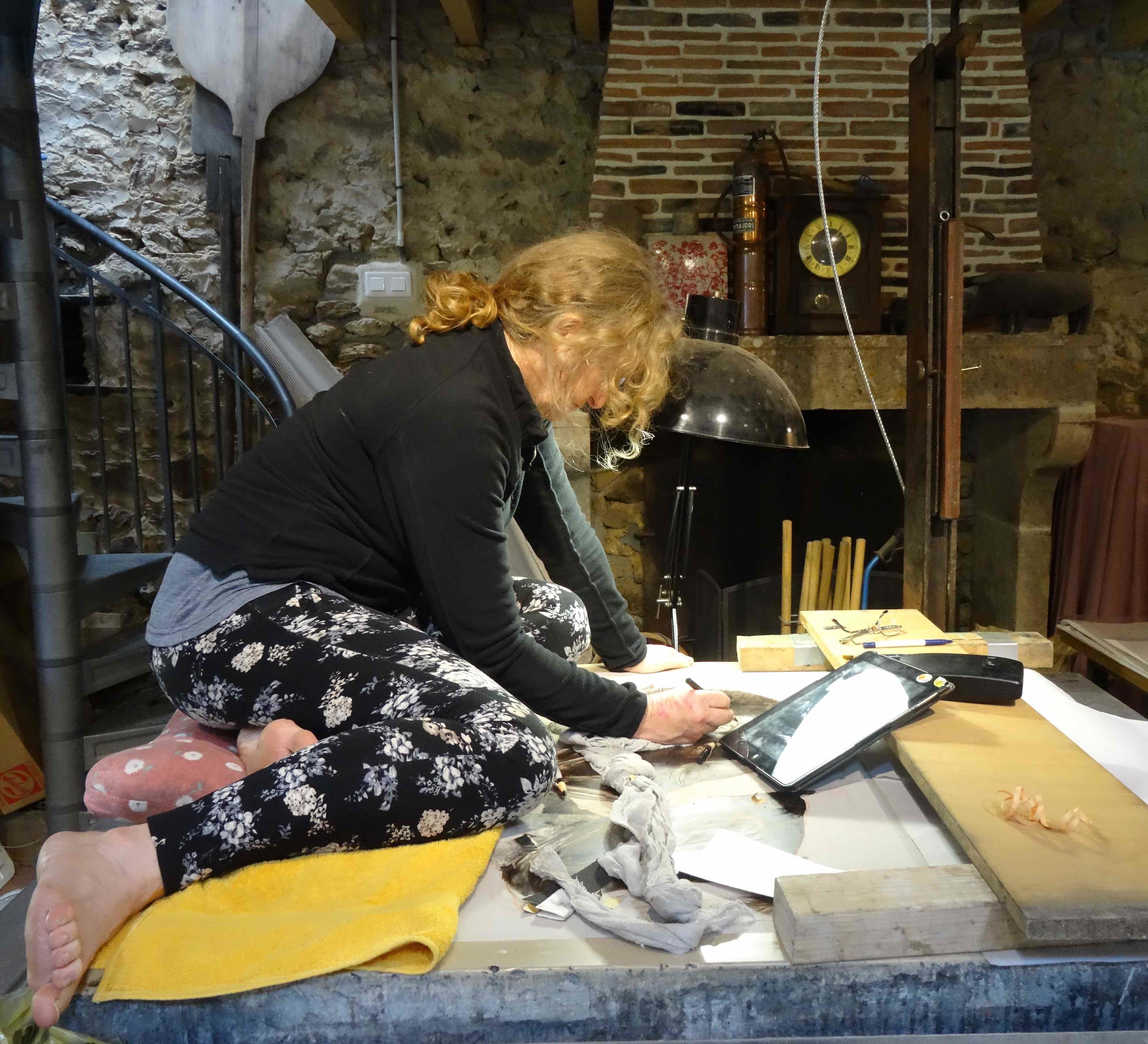 Diane Victor at the Atelier le Grand village, working on the new mega stone.