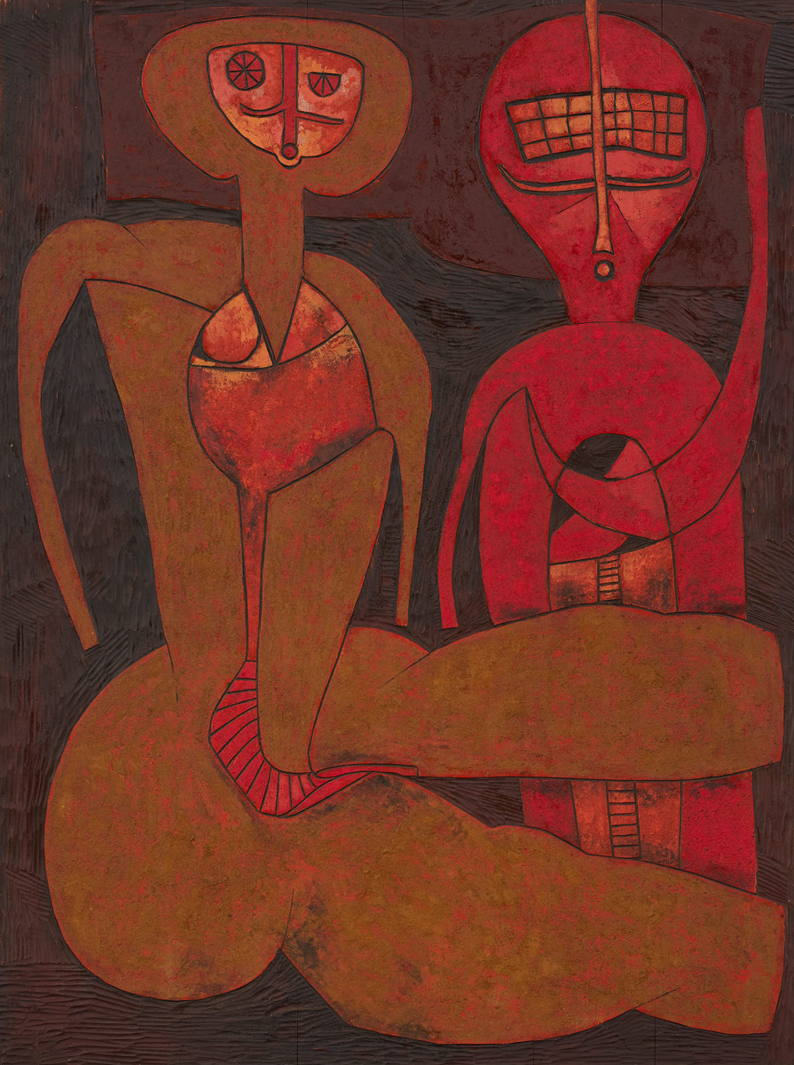 Cecil Skotnes South African 1926–2009 Two figures R 200,000 - R 300,000 carved, incised and painted wood panel 122.5 x 90.5 cm Modern & Contemporary Art Aspire Auction 1st September 2019 Cape Town