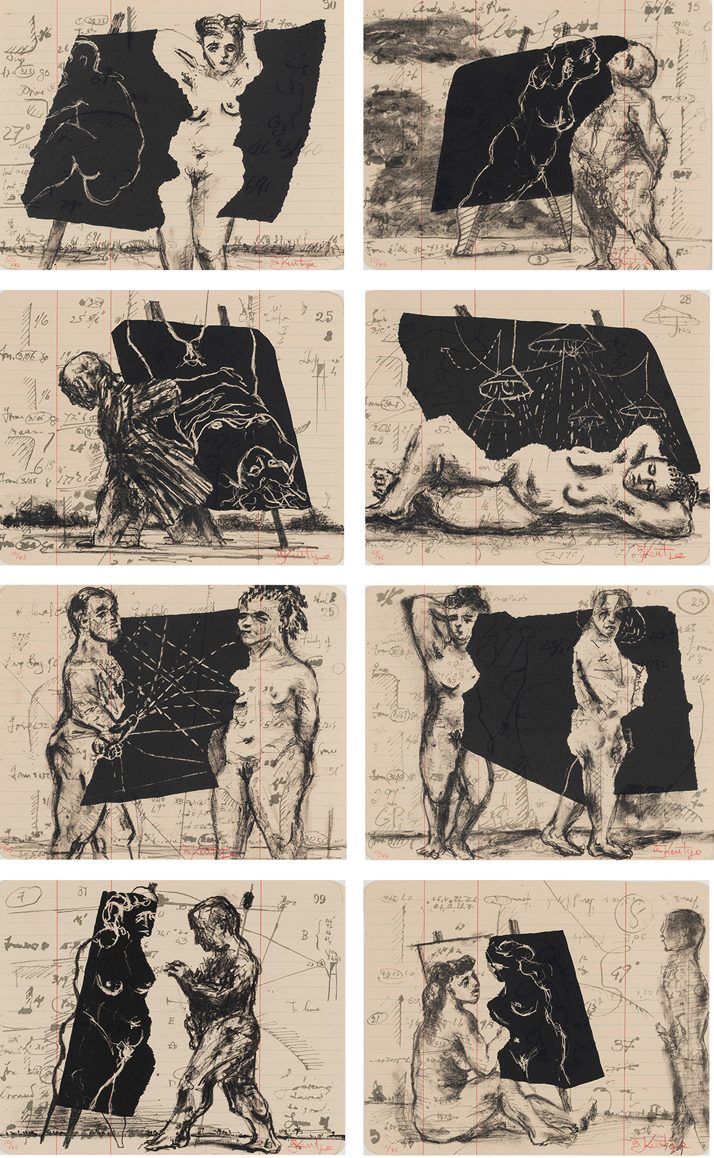 William Kentridge B.1955 South Africa Summer Graffiti, eight 2002 R 220,000 - R 280,000 five-colour lithographs on Vélin d'Arches crème 250 gsm paper, paper die-cut with round corners each signed and numbered 10/45 in red conté along the bottom margin sheet size: 18 x 23 cm each