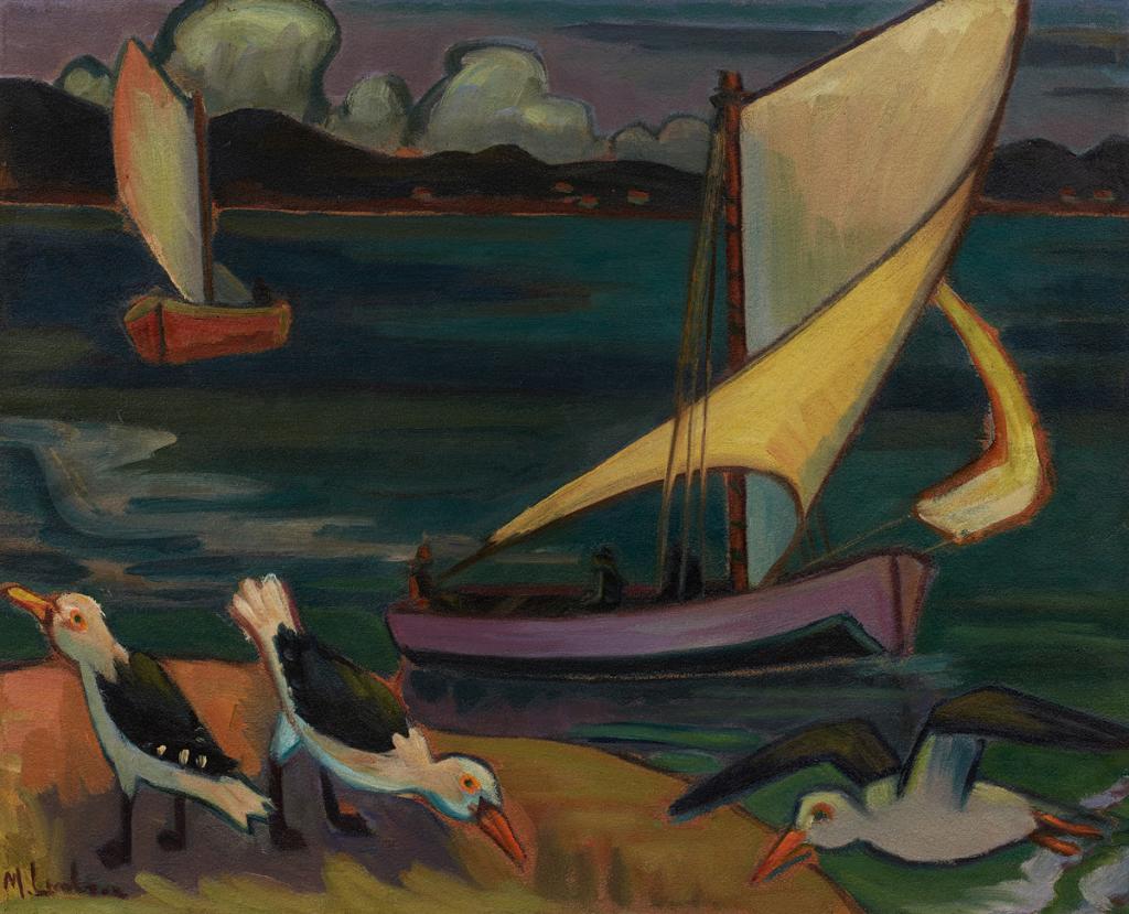 Maggie Laubser, By die See (Paysage marin avec bateaux et oiseaux), 1932.Vendu pour 5 719€