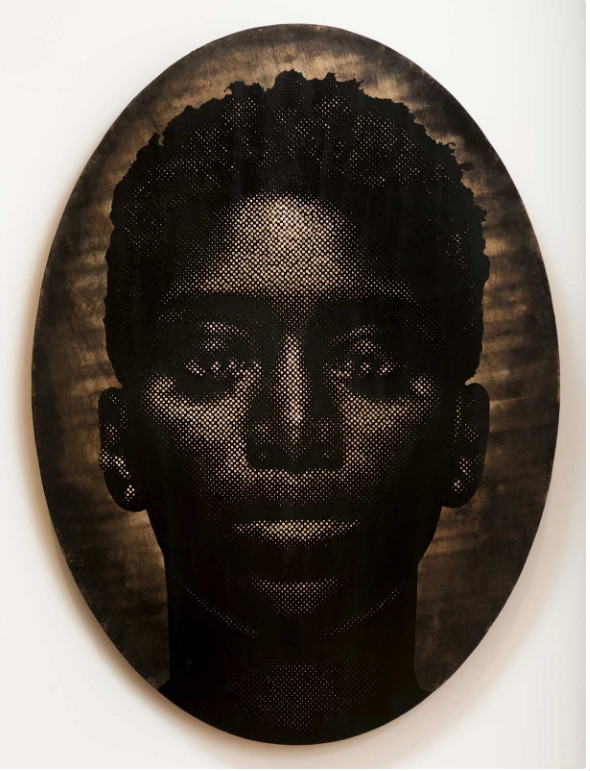 Alexis Peskine, Tilo Ndin Ngo, 2019. Moon gold, nails, earth, water, coffee and archival varnish on wood, 150 x 110 cm. Group Show Life trough extraordinary mirros at October Gallery