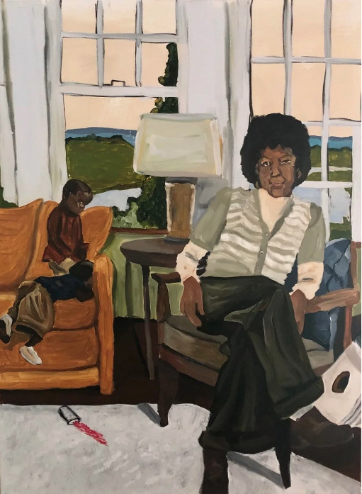 Jerrell Gibbs, Window Seat,  2019. © The artist and courtesy Mariane Ibrahim Gallery. Oil, acrylic on canvas. 48 x 36 in. 121.9 x 91.4 cm