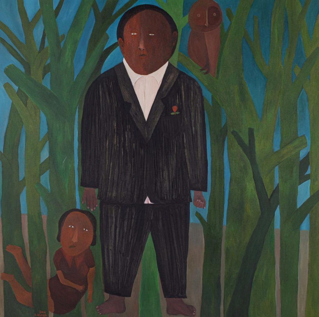 Salah Elmur, (b.1966 Sudan), The Green Forest, 2016. oil on canvas signed and dated bottom left. 137.5 x 138 cm. Estimated ZAR 195 000 – 255 000 USD 13 650 –17 850 EURO 12 000 – 16 000. Aspire x PIASA modern and contemporary african art auction