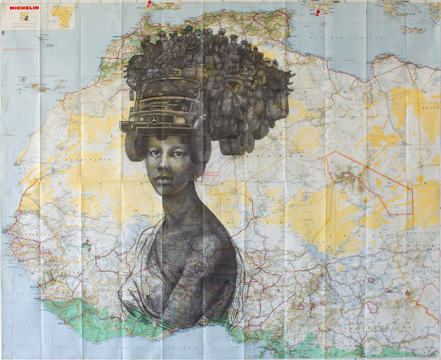 Dany Leriche "L'African Queen (2019). Pencil on map Courtesy DDESSINPARIS and Dany Leriche