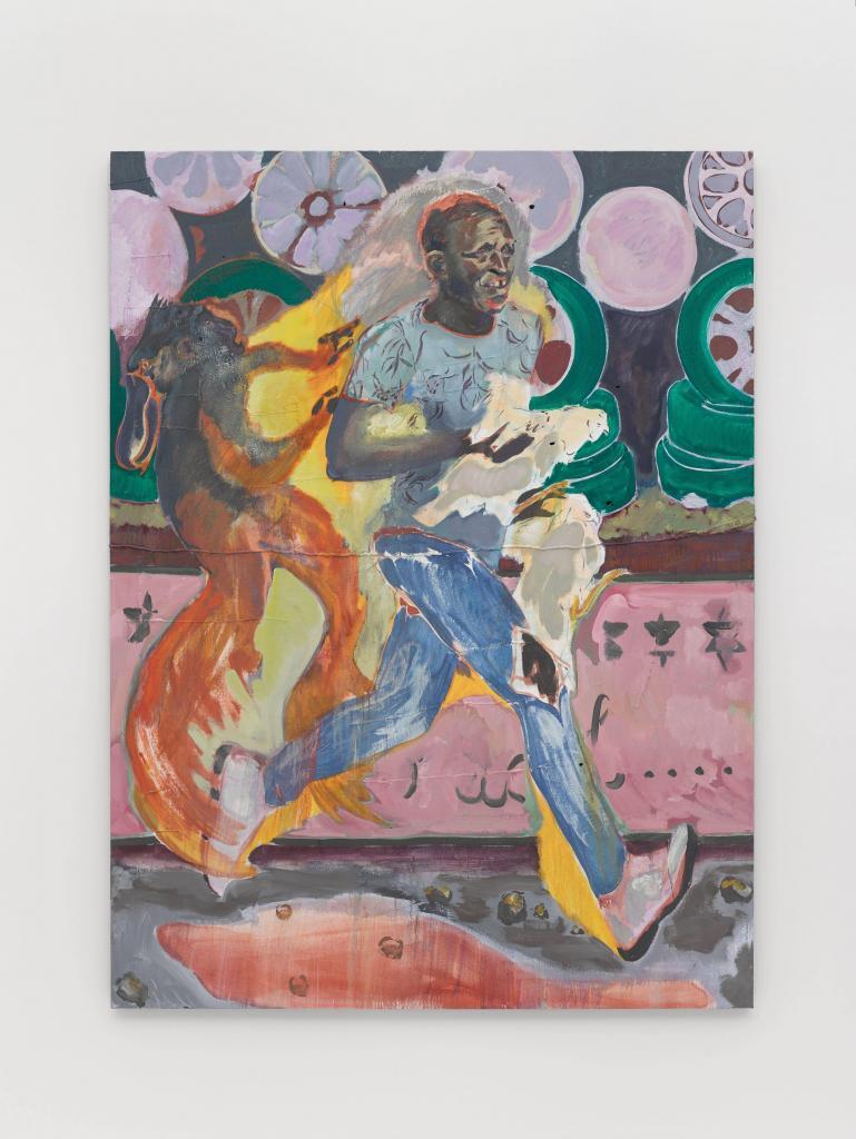Michael Armitage, The Chicken Thief, 2019 Oil on Lubugo bark cloth . 200 × 150 cm 
 © The artist. Photo © White Cube (Theo Christelis) 
Accomplice Michael Armitage at Norval Foundation