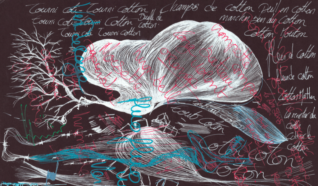 Samuel N'gabo Zimmer - Untitled 5 (2019) 
 Ink, acrylic pigment, pen, brush, Posca black paper 180g, 21 x 297 cm
 Courtesy DDESSINPARIS and Samuel N'Gabo Zimmer
