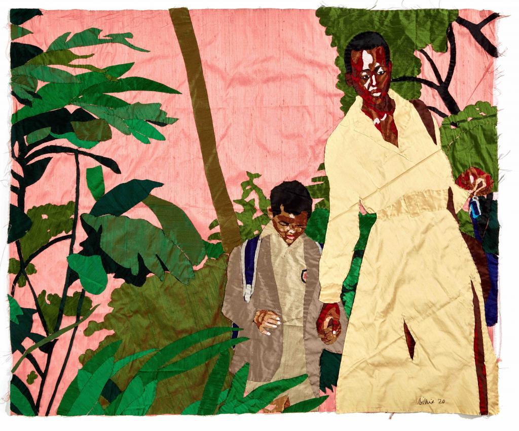 Billie Zangewa Soldier of Love, 2020 Soie brodée / Embroidered silk. 110 x 135 cm ; 43 1/4 x 53 1/8 in.
