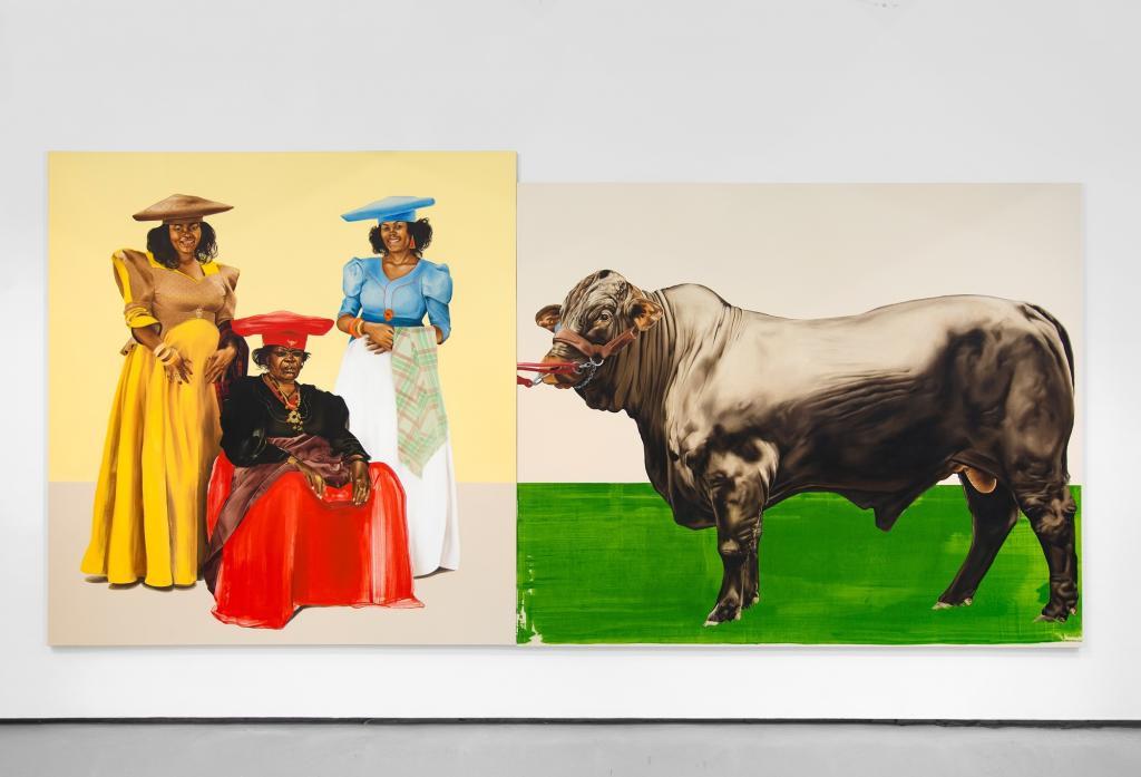 Meleko Mokgosi. Democratic Intuition, Lerato: Philia I, 2016. Two panels: oil on canvas. 96 x 198 1:2 inches. © Meleko Mokgosi. Courtesy of the artist and Jack Shainman Gallery, New York. Meleko Mokgosi: Your Trip To Africa at the PAMM