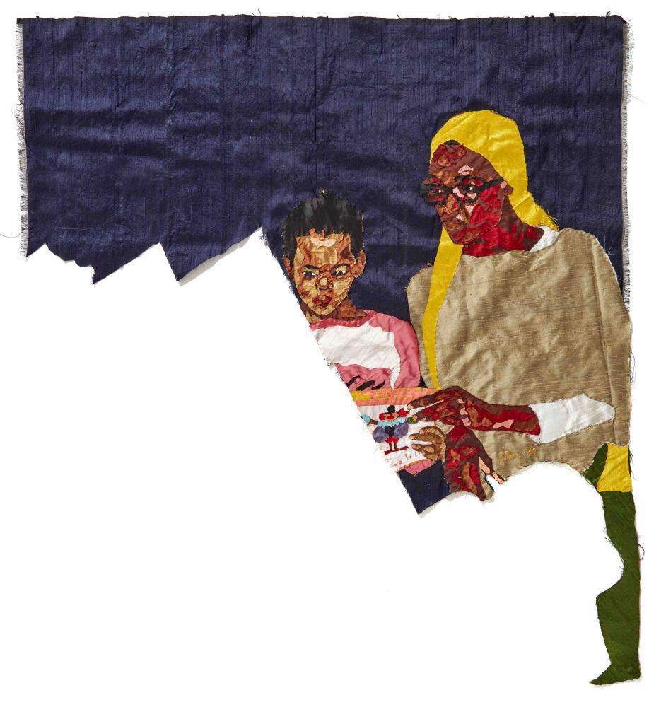 Billie Zangewa, Bedtime story, 2020.  Soie brodée / Embroidered silk  111,5 x 102,5 cm ; 43 7/8 x 40 3/8 in. Avec l'aimable autorisation de la galerie Templon.
