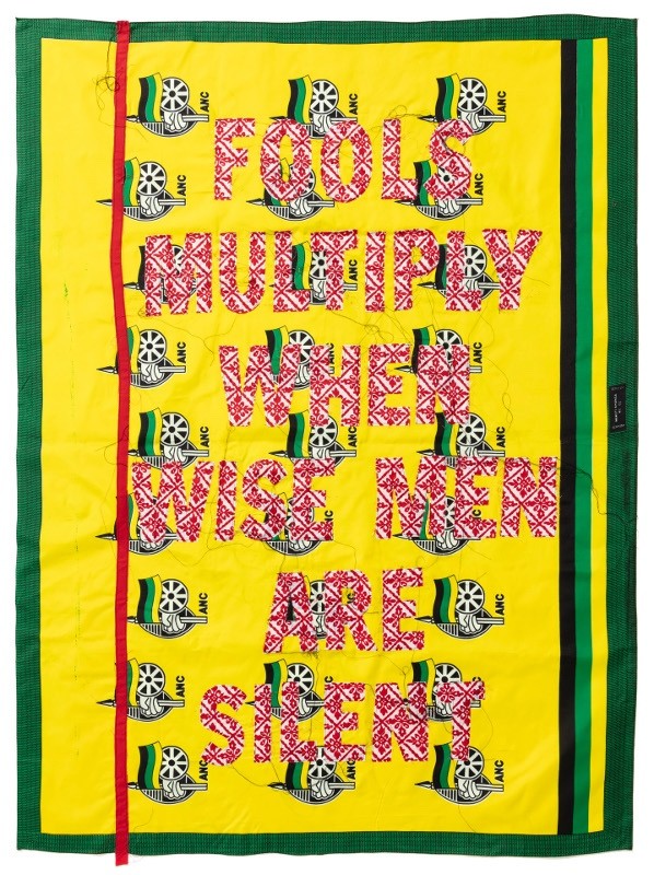 Lawrence Lemaoana, Fools multiply when Wise Men are Silent, 2019, Embroideries on Kanga, 157x117cm, Courtesy of AFRONOVA GALLERY.