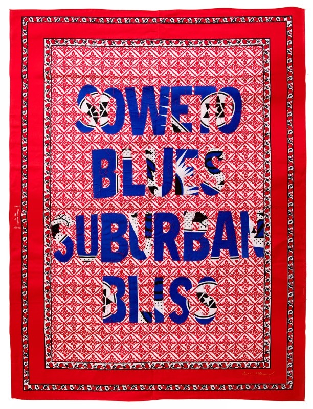 Lawrence Lemaoana, Soweto Blues, 2017, Cotton embroideries on kanga textile, 155 x 115 cm, Courtesy of Afronova Gallery.
