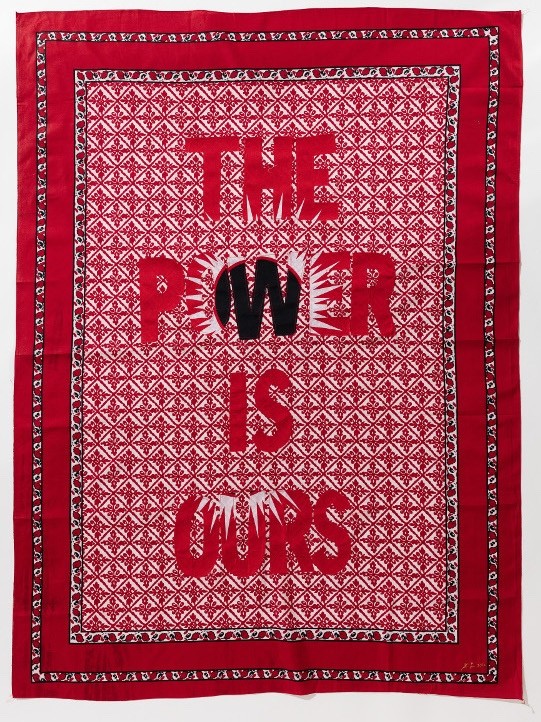 Lawrence Lemaoana, The Power is Ours, 2017, Khanga textile and cotton embroidery, 155xx115 cm, Courtesy of Afronova Gallery.
