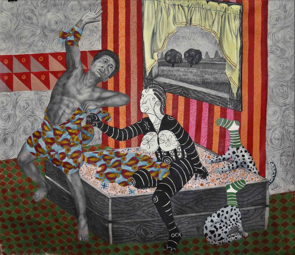 Kelechi Charles Nwaneri, Can't Let Go, 2019, Acrylic charcoal watercolor on canvas, 140 x 153cm. To Digitalize: An Enhanced Playing ground for Contemporary African Art During Covid-19
