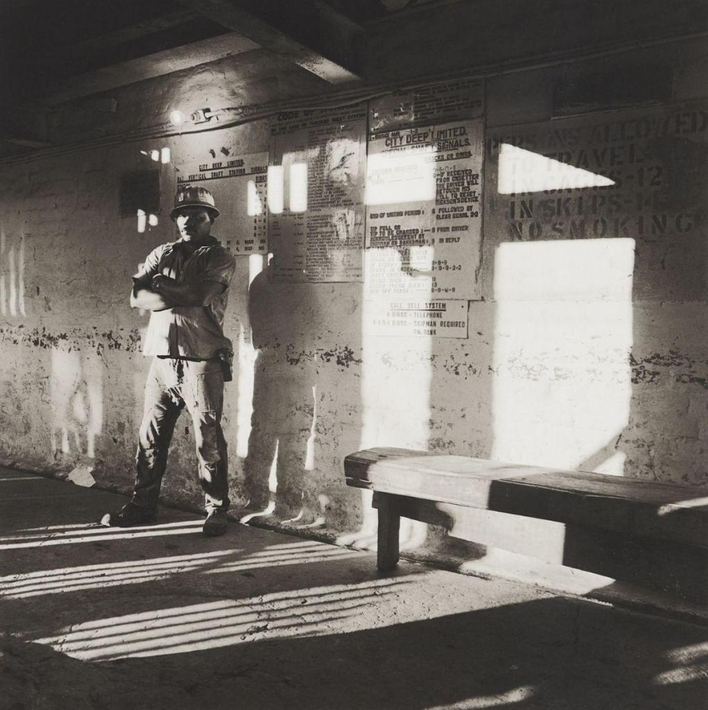 A miner waits on the bank to go underground, City Deep Gold Mine, 1966 Platinum print on Arches Platine 310gm paper 32 3/10 × 27 1/5 in 82 × 69 cm Edition of 10 SOLD FOR: €32,500 Piasa Auction