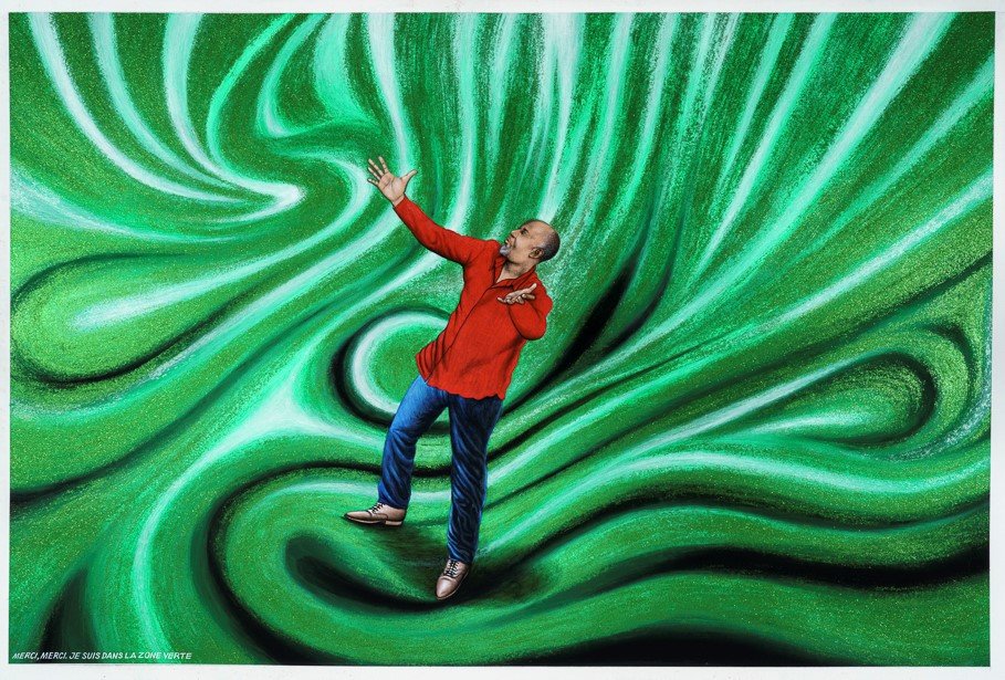 Chéri Samba, Merci merci je suis dans la zone verte, 2020, acrylique et paillettes sur toile, 135 x 200 cm, © Kleinefenn, avec l'aimable autoristion de la galerie MAGNIN-A, Paris