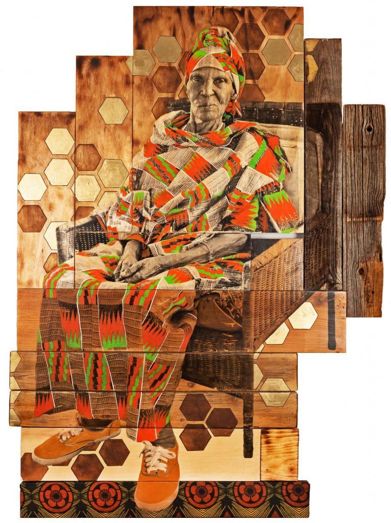 Shanna Strauss, Bee-keeper (2019) Photo transfer, acrylic, fabric, found wood, 134.6 × 91.4cm Courtesy of the artist 