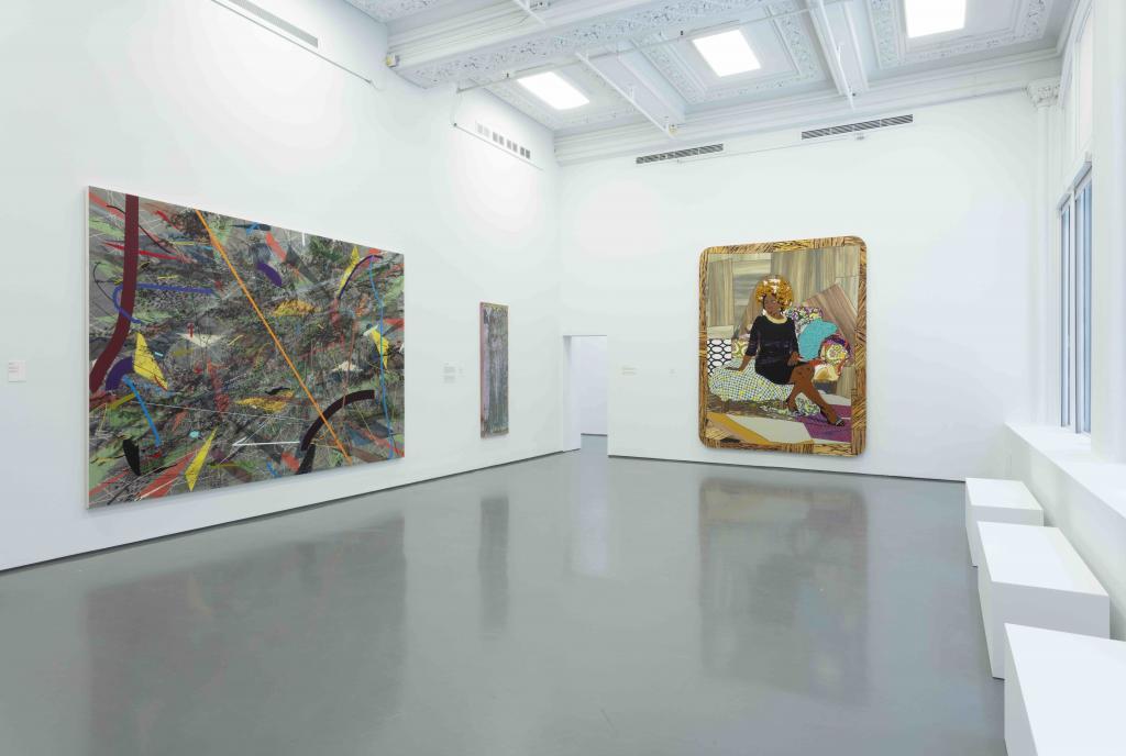 Installation view, RELATIONS: Diaspora and Painting, 2020, PHI Foundation. From left to right: Julie Mehretu, Mumbo Jumbo, 2008. Astrup Fearnley Collection; Frank Bowling, Bunch, 1979/2012. Courtesy of the artist, Alexander Gray Associates, New York; Marc Selwyn Fine Art, Los Angeles; Mickalene Thomas, I Learned the Hard Way, 2010. The Montreal Museum of Fine Arts, Purchase, the Museum Campaign 1988-1993 Fund © PHI Foundation for Contemporary Art, photo: Richard-Max Tremblay.
