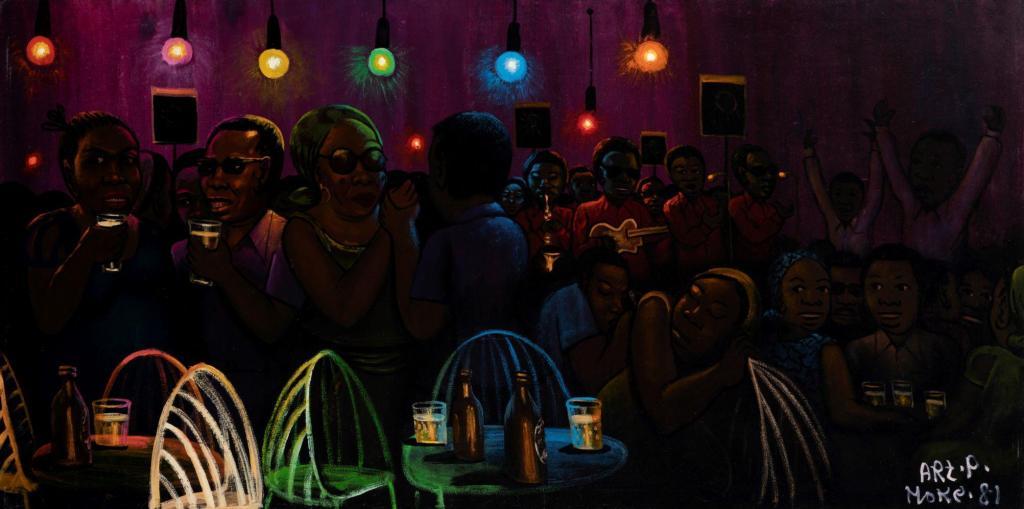 Moké, Bar Nocturne, 1981, Huile sur sac de farine, 95 x 188 cm, © Kleinefenn, avec l'aimable autorisation de la galerie MAGNIN-A, Paris