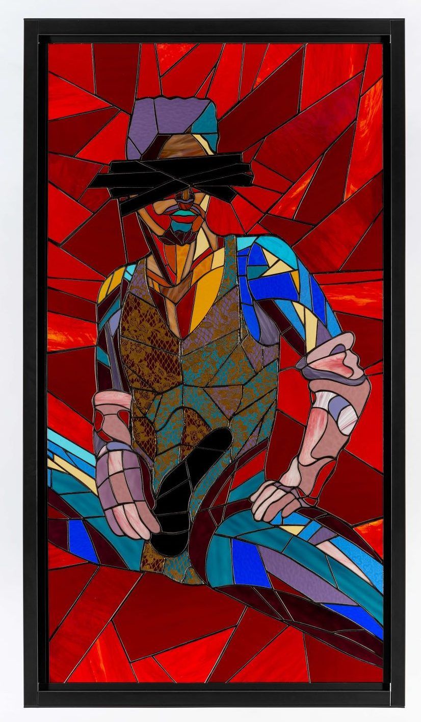 Athi-Patra Ruga, Castrato As [the] Revolution, 2020. Stained glass, lead, and powder-coated steel. Artwork size: 170 x 90 cm. Framed size: 180 x 100 x 4 cm © Credit Photo Matthew Bradley. Courtesy of WHATIFTHEWORLD