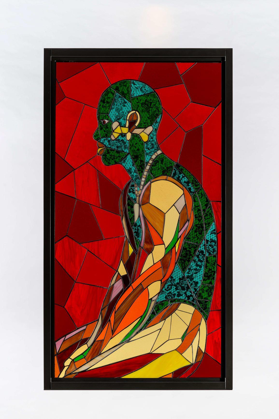 Athi-Patra Ruga, Yellow Bone, 2020. Stained glass, lead, and powder-coated steel
Artwork size: 170 x 90 cm. Framed size: 180 x 100 x 4 cm © Credit Photo Matthew Bradley. 
Courtesy of WHATIFTHEWORLD Gallery