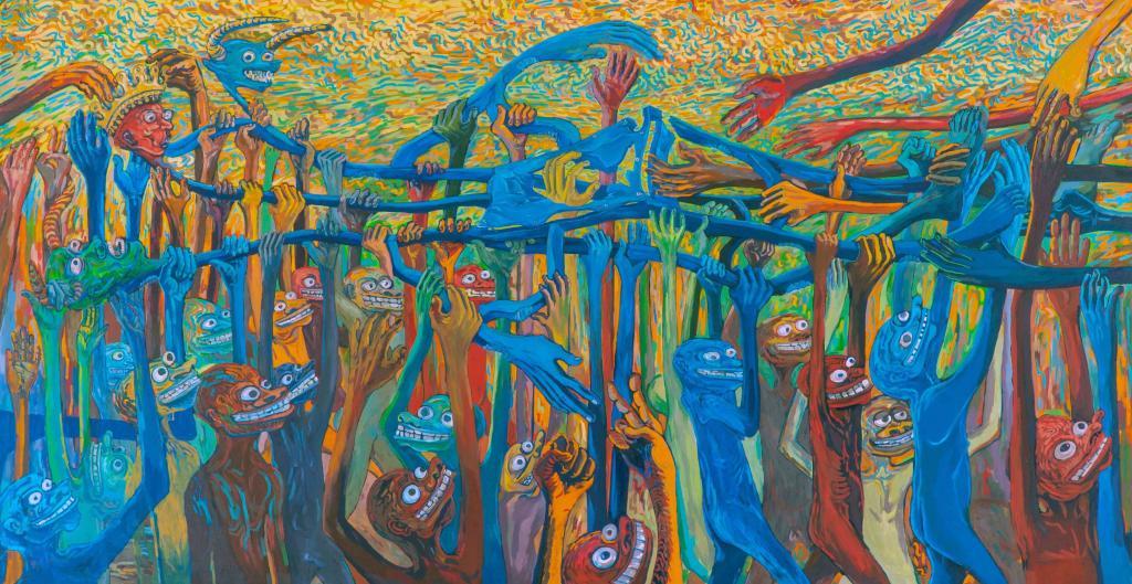Cosmas Shiridzinomwa, The Great Drag I, 2020, Oil on Canvas, 150 x 300cm. Courtesy Gallery Delta. 1-54 contemporary African Art London October 2020