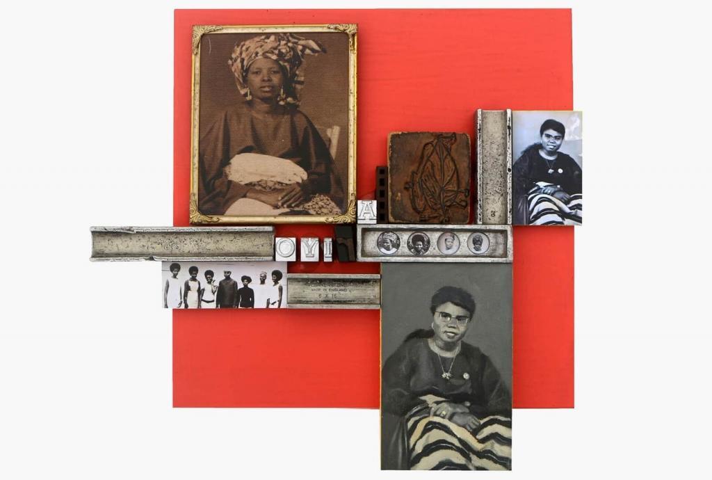 Kelani Abass Scrap of Evidence (Ariyo) 2020 Mixed media on wood (Letterpress type, oil on canvas, digital print, ancient frame, rubber block) 34 x 37 cm © Courtesy 31 Project African art presented during 1-54 Contemporary African Art Fair