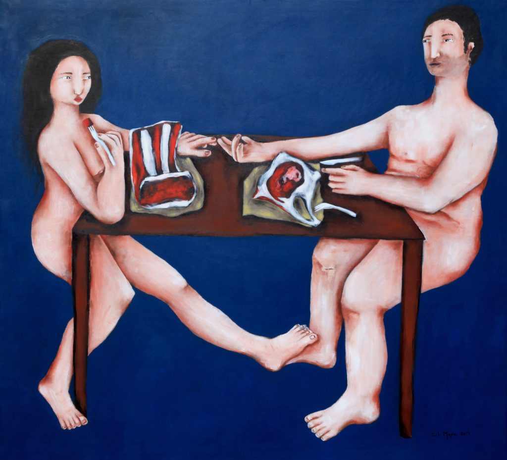 A painting showing tow naked people sitting around a table face to face while having raw meat on the table.