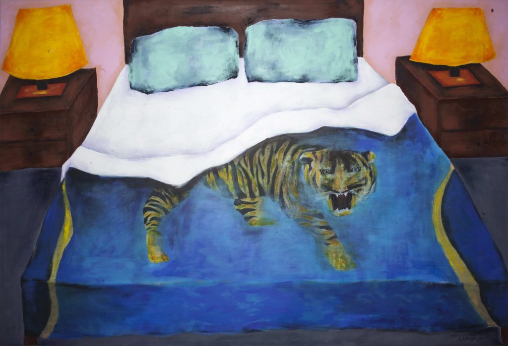 a painting consisting of a bed in the middle with a tiger on the bed linnen