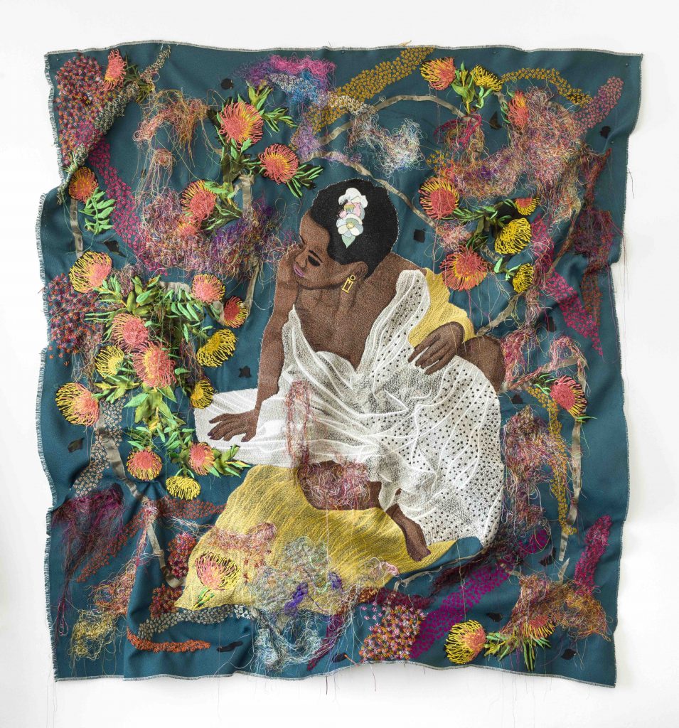 Kimathi Mafafo, Awaiting I, 2020, Hand and machine embroidery on fabric, 136 x 127 cm. Courtesy of Ebony Curated. Presented at 1-54 Contemporary African Art Fair with christie's